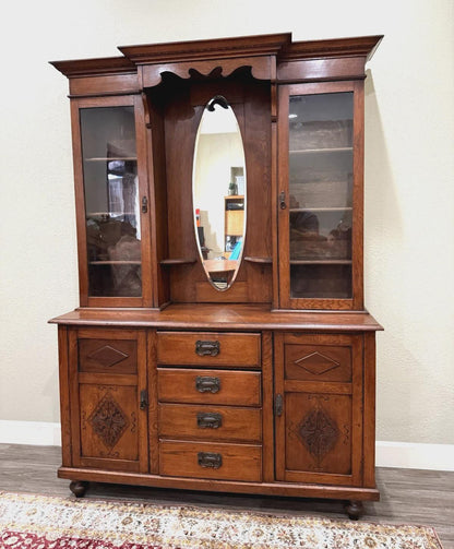 Antique English Oak Buffet China Cabinet, Victorian Sideboard Hutch, Glass Display Cabinet, Traditional Dining Storage