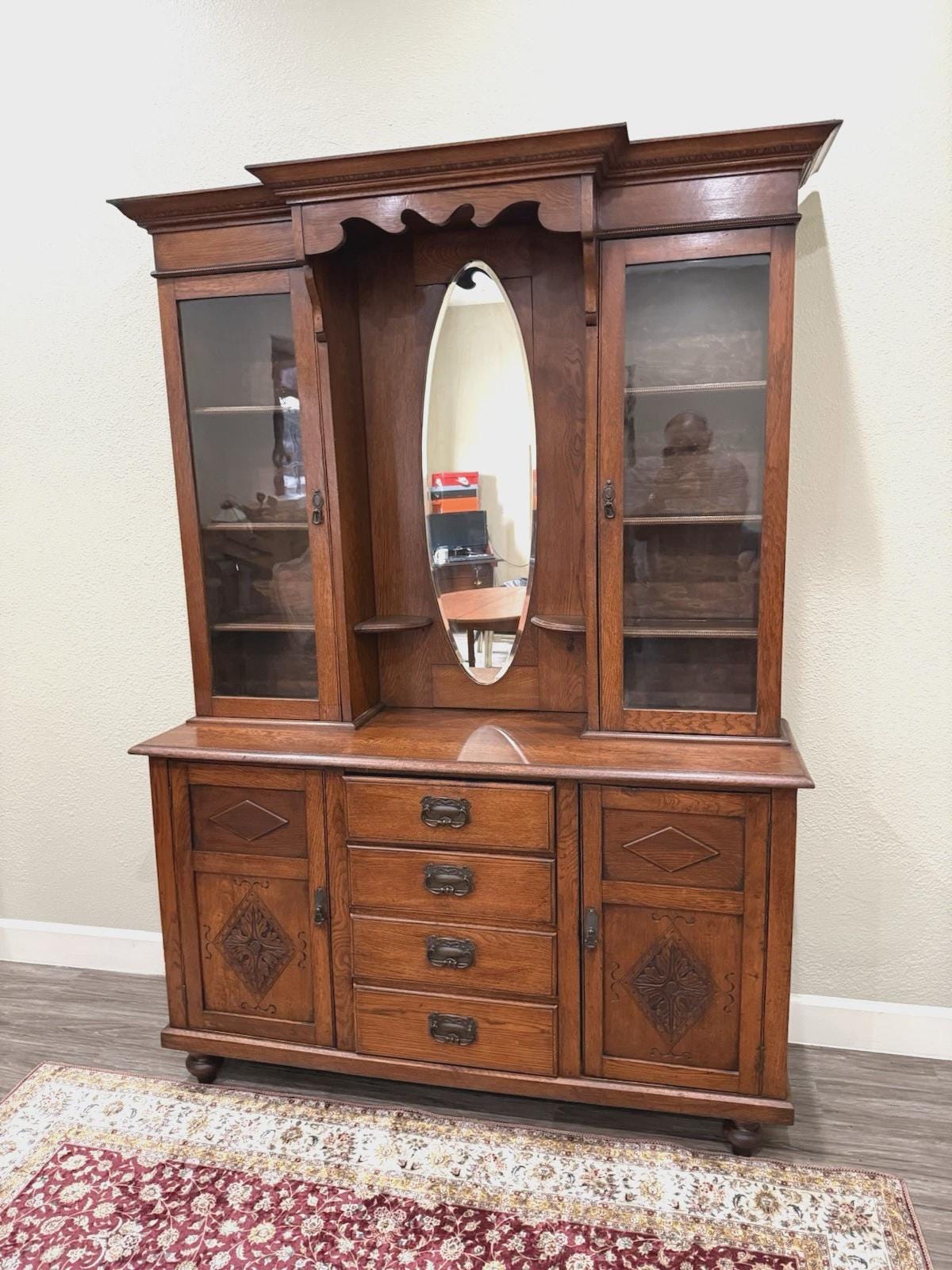 Antique English Oak Buffet China Cabinet, Victorian Sideboard Hutch, Glass Display Cabinet, Traditional Dining Storage