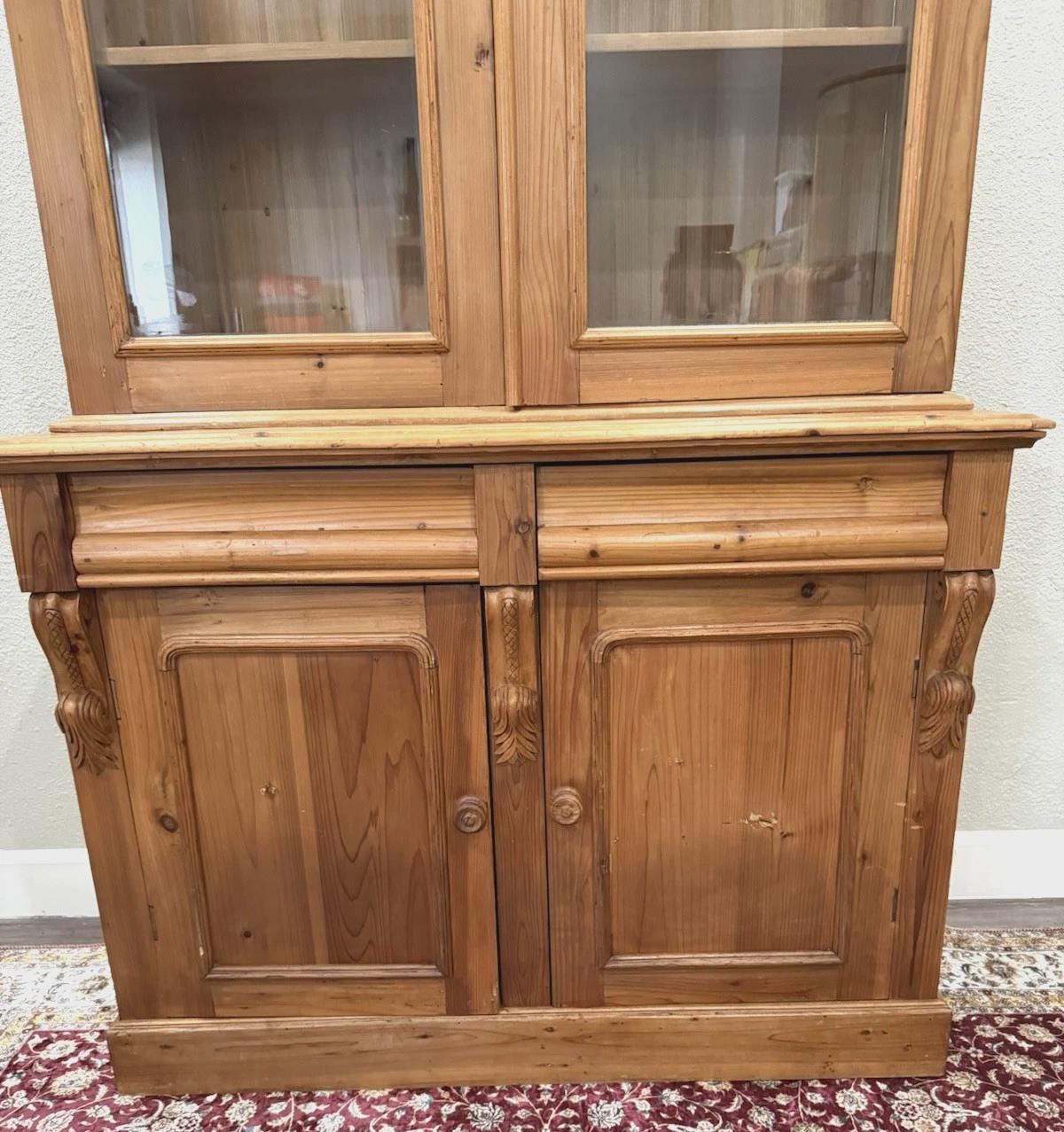 Antique English Pine Buffet China Cabinet, Rustic Farmhouse Hutch, Glass Display Cabinet, Country Kitchen Storage