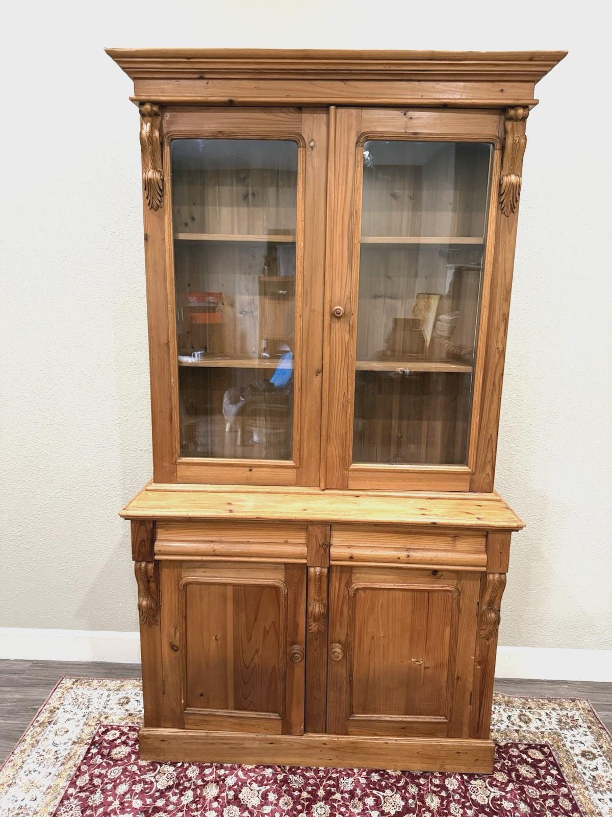Antique English Pine Buffet China Cabinet, Rustic Farmhouse Hutch, Glass Display Cabinet, Country Kitchen Storage