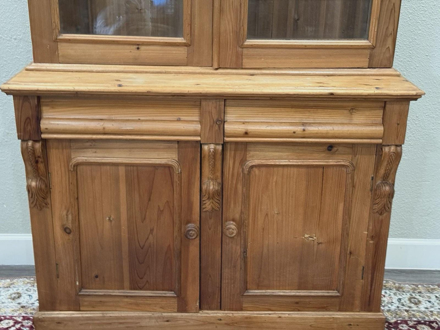 Antique English Pine Buffet China Cabinet, Rustic Farmhouse Hutch, Glass Display Cabinet, Country Kitchen Storage