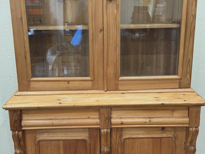 Antique English Pine Buffet China Cabinet, Rustic Farmhouse Hutch, Glass Display Cabinet, Country Kitchen Storage