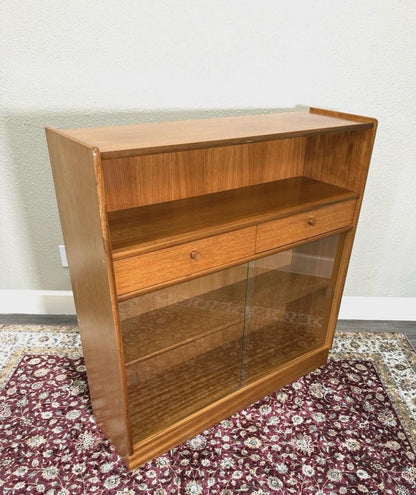 Mid Century Modern Teak Bookcase Cabinet, Glass Sliding Doors, 2 Drawer Storage, Danish Modern Display Shelf