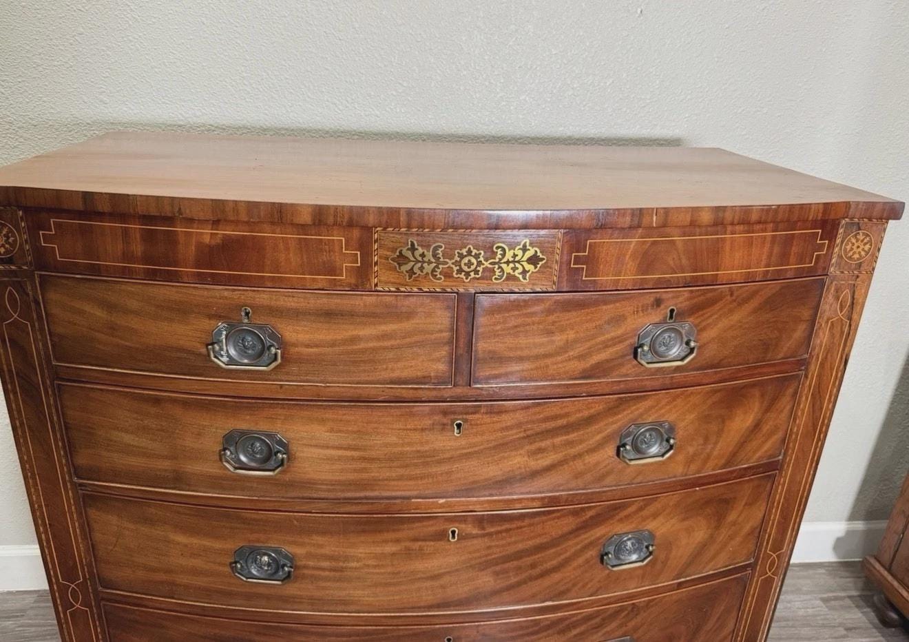 Antique English Inlaid Mahogany Chest of Drawers, 6 Drawer Dresser, Edwardian Highboy, Vintage Bedroom Furniture