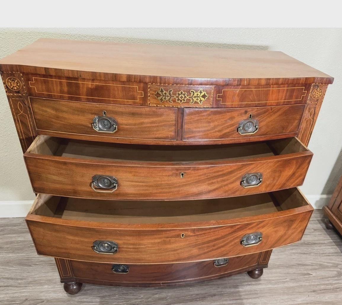 Antique English Inlaid Mahogany Chest of Drawers, 6 Drawer Dresser, Edwardian Highboy, Vintage Bedroom Furniture
