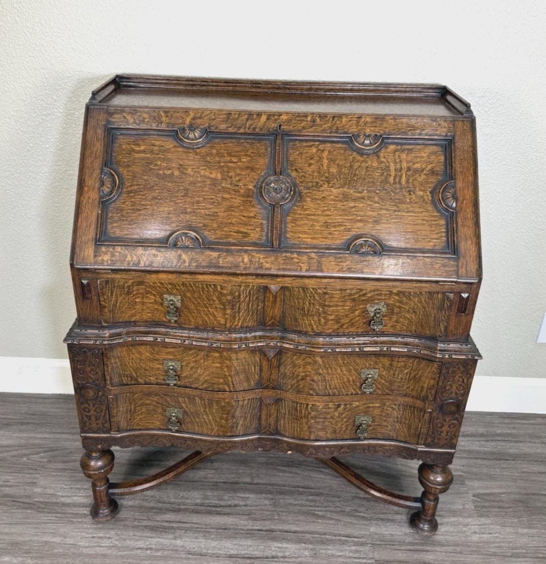 Antique English Tiger Oak William & Mary Drop Front Desk, Barley Twist Writing Desk, Jacobean Style Secretary
