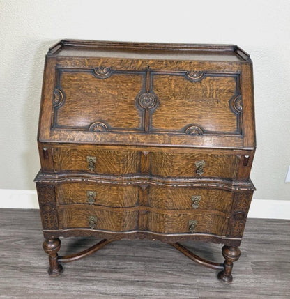 Antique English Tiger Oak William & Mary Drop Front Desk, Barley Twist Writing Desk, Jacobean Style Secretary