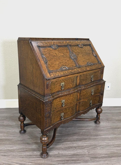 Antique English Tiger Oak William & Mary Drop Front Desk, Barley Twist Writing Desk, Jacobean Style Secretary