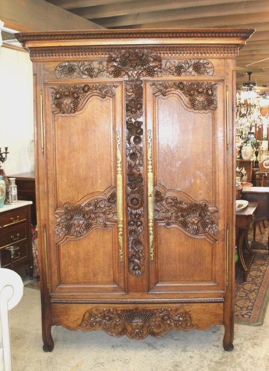 18th Century French Normandy Oak Armoire, Antique Carved 2 Door Wardrobe, Circa 1780 Rustic Provincial Cabinet