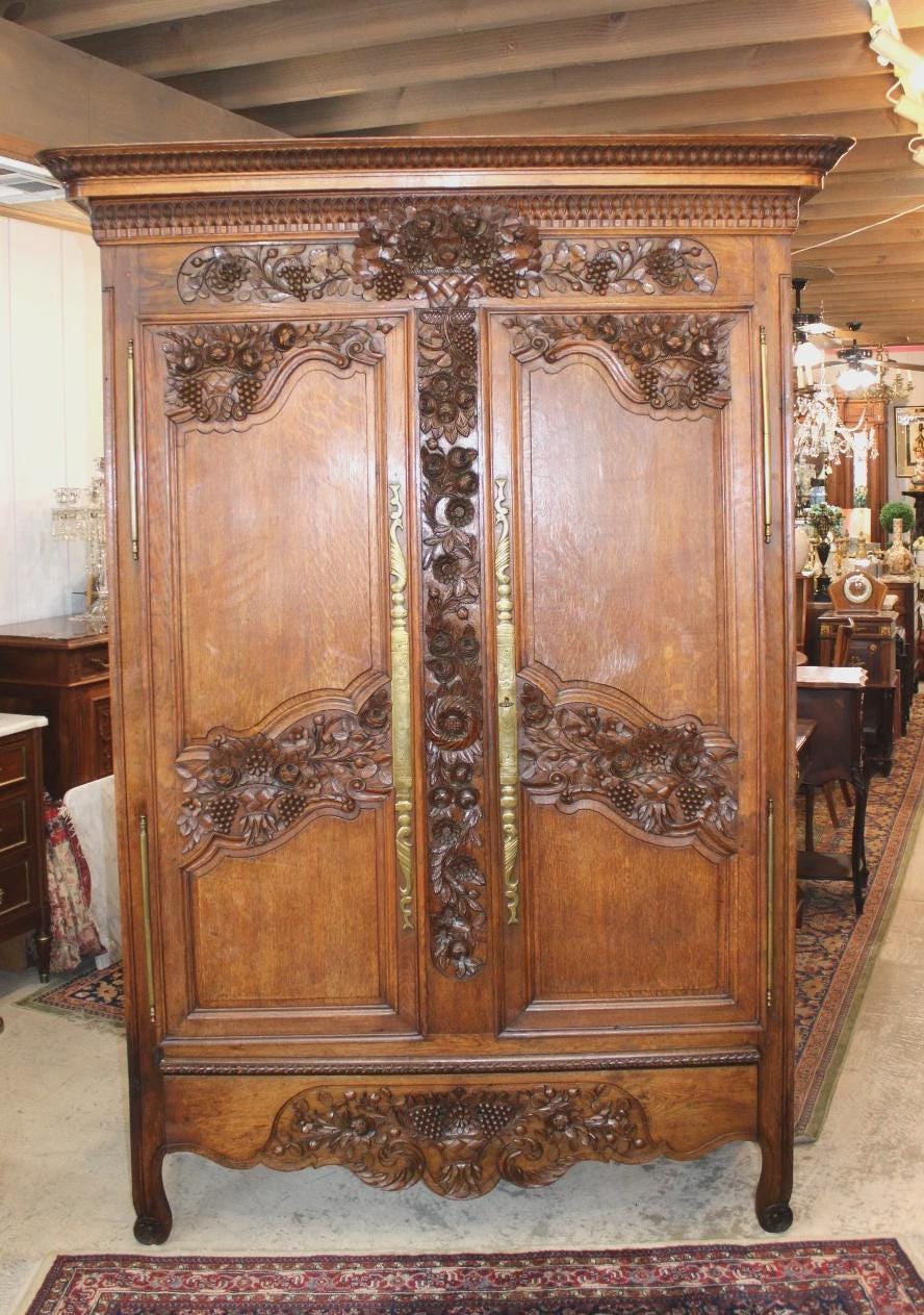 18th Century French Normandy Oak Armoire, Antique Carved 2 Door Wardrobe, Circa 1780 Rustic Provincial Cabinet
