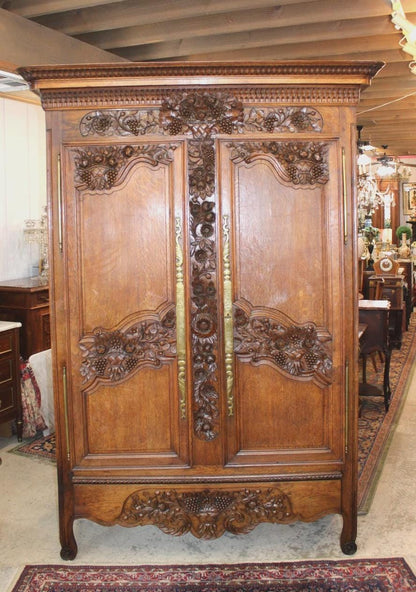 18th Century French Normandy Oak Armoire, Antique Carved 2 Door Wardrobe, Circa 1780 Rustic Provincial Cabinet