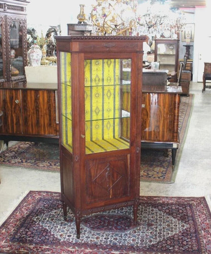 Antique French Louis XVI Mahogany Display Cabinet, Glass Door Curio, Neoclassical Vitrine with Shelves