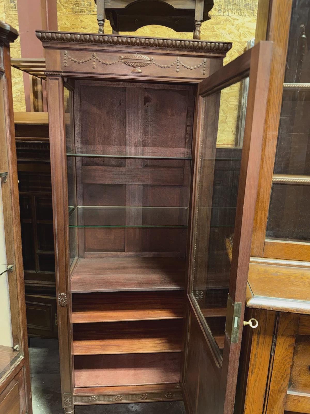 Antique French Louis XVI Mahogany Display Cabinet, Glass Door Curio, Neoclassical Vitrine with Shelves