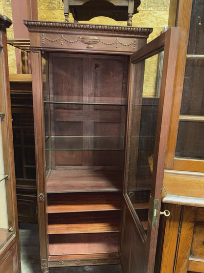 Antique French Louis XVI Mahogany Display Cabinet, Glass Door Curio, Neoclassical Vitrine with Shelves