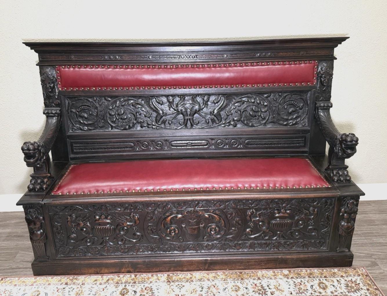 Antique French Renaissance Carved Walnut Bench, Storage Seat, Gothic Revival Hall Bench, 19th Century