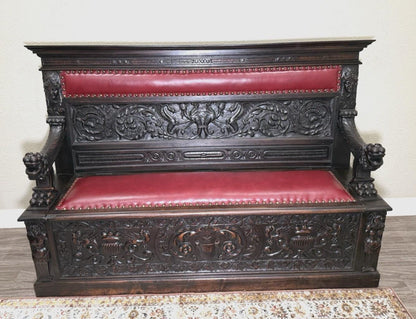 Antique French Renaissance Carved Walnut Bench, Storage Seat, Gothic Revival Hall Bench, 19th Century