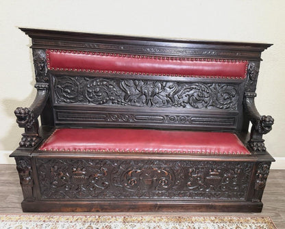 Antique French Renaissance Carved Walnut Bench, Storage Seat, Gothic Revival Hall Bench, 19th Century