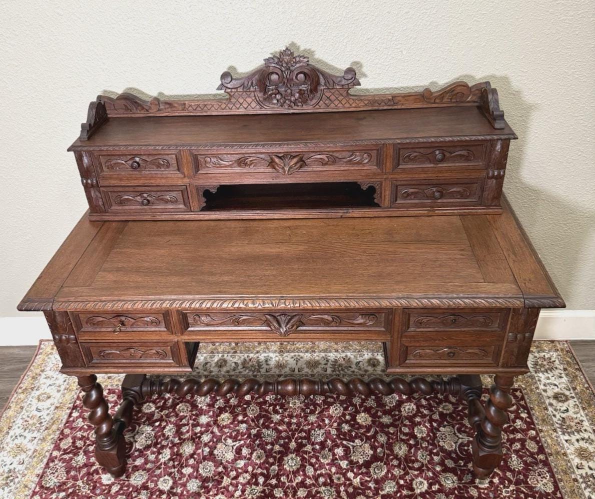 Antique French Louis XIII Oak Desk, Renaissance Style Carved Writing Desk, Barley Twist Legs, 19th Century