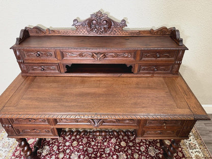 Antique French Louis XIII Oak Desk, Renaissance Style Carved Writing Desk, Barley Twist Legs, 19th Century