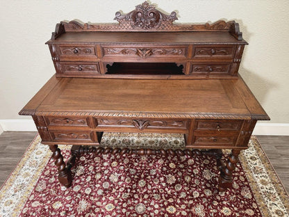 Antique French Louis XIII Oak Desk, Renaissance Style Carved Writing Desk, Barley Twist Legs, 19th Century