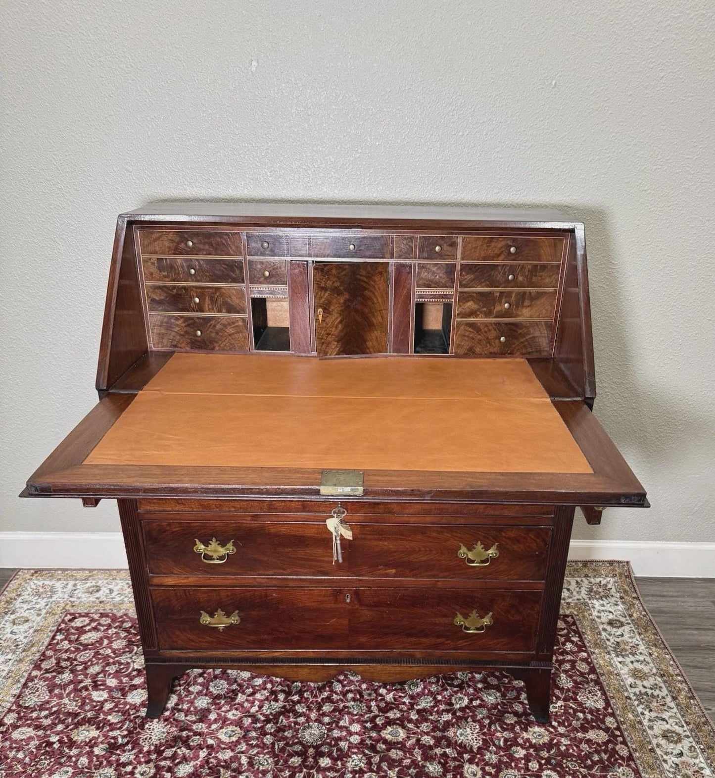 Antique English George II Mahogany Drop Front Desk, Secretary Desk with New Leather Writing Surface