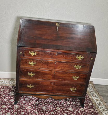 Antique English George II Mahogany Drop Front Desk, Secretary Desk with New Leather Writing Surface