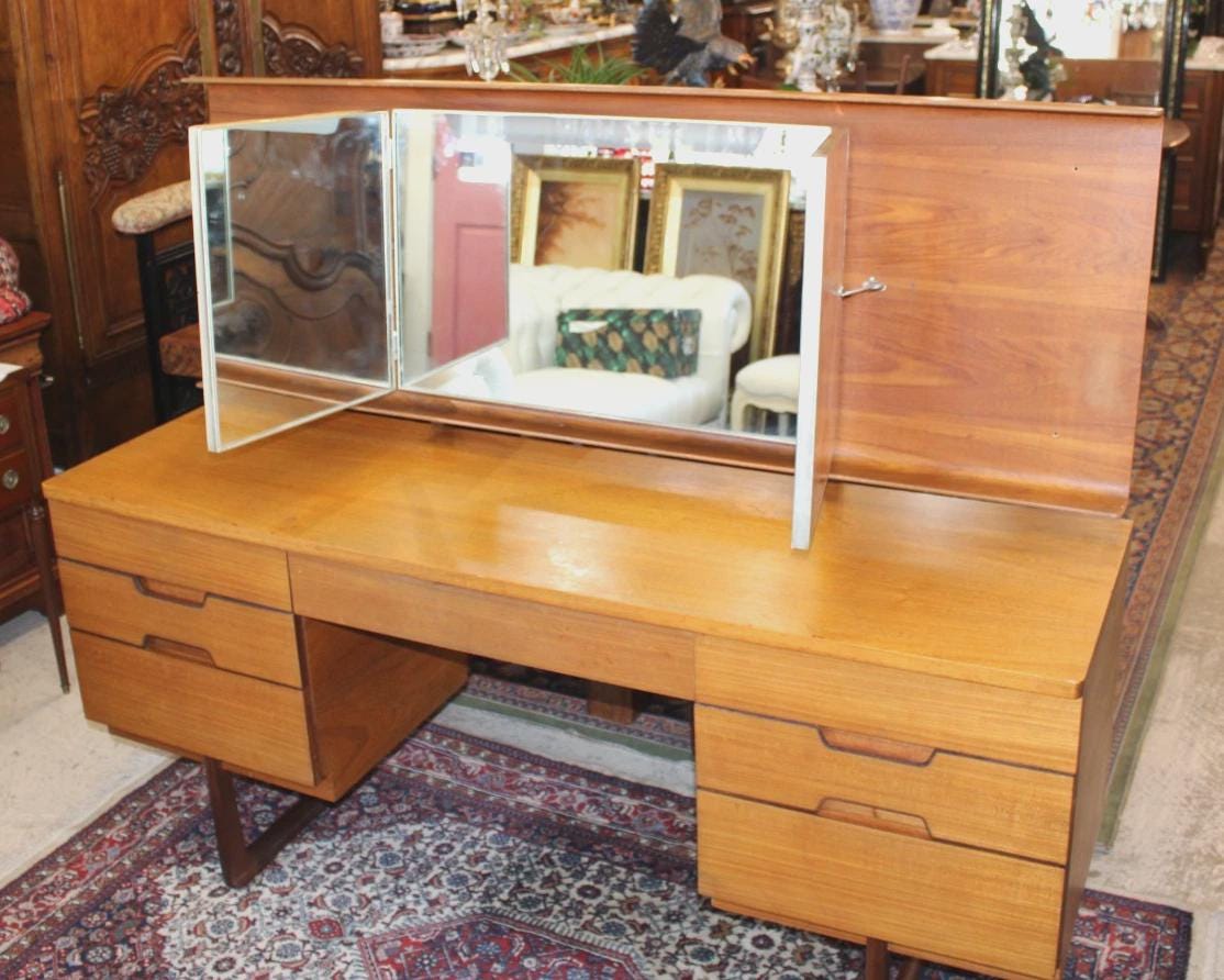 Mid Century Modern Uniflex Teak Dresser with Mirrors, Danish Modern Vanity Credenza, Vintage Bedroom Set