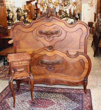 Antique French Louis XV Walnut Bed & Nightstand, Hand Carved Rose Motif, Full Size Bedroom Set
