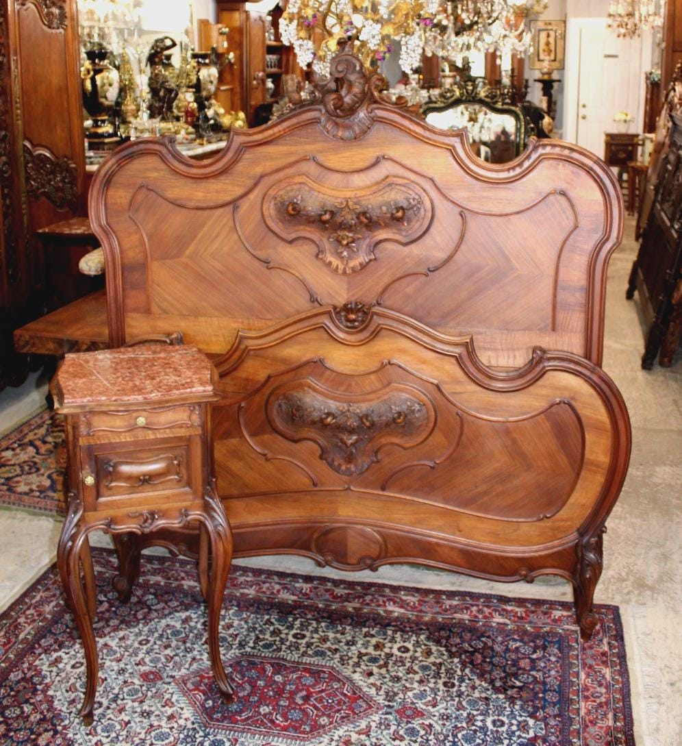 Antique French Louis XV Walnut Bed & Nightstand, Hand Carved Rose Motif, Full Size Bedroom Set