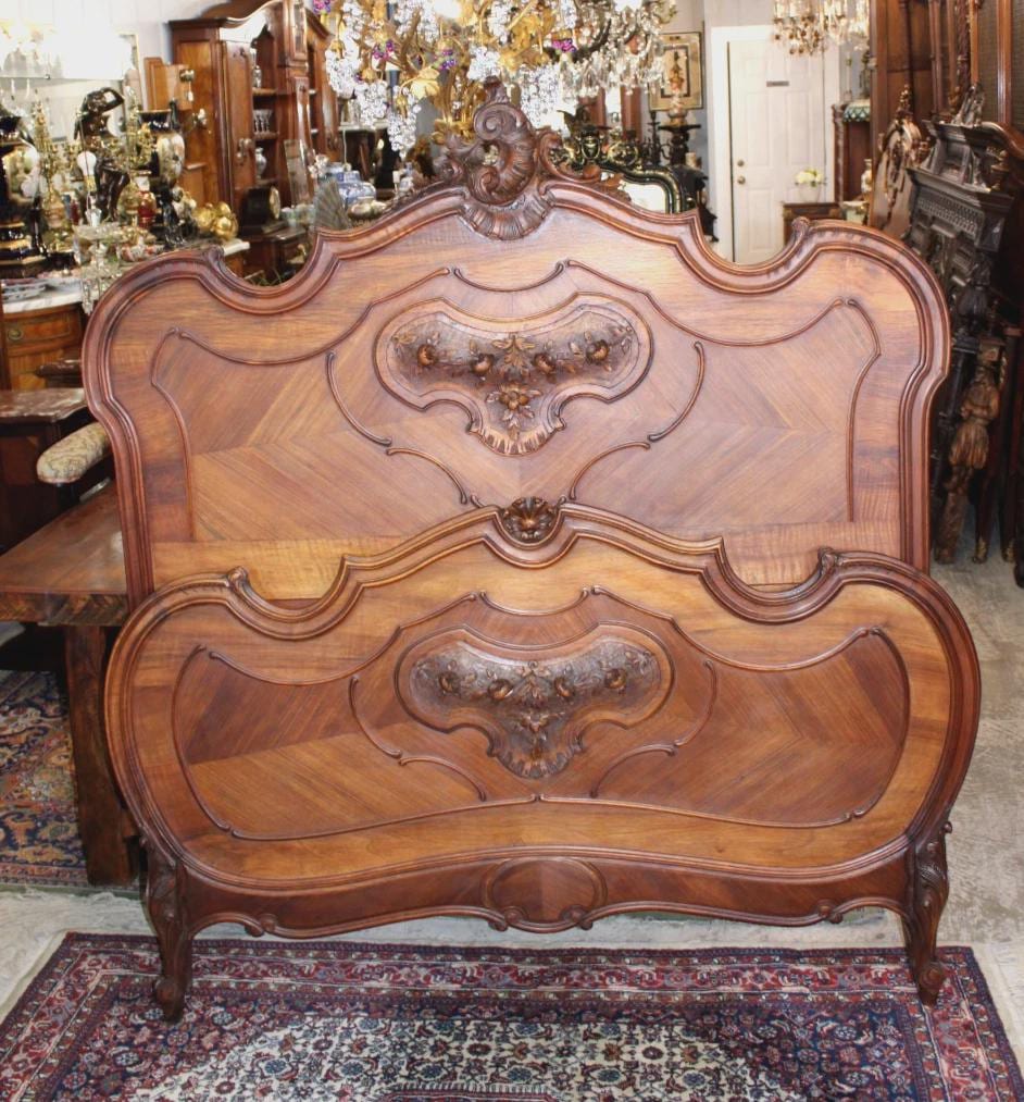 Antique French Louis XV Walnut Bed & Nightstand, Hand Carved Rose Motif, Full Size Bedroom Set