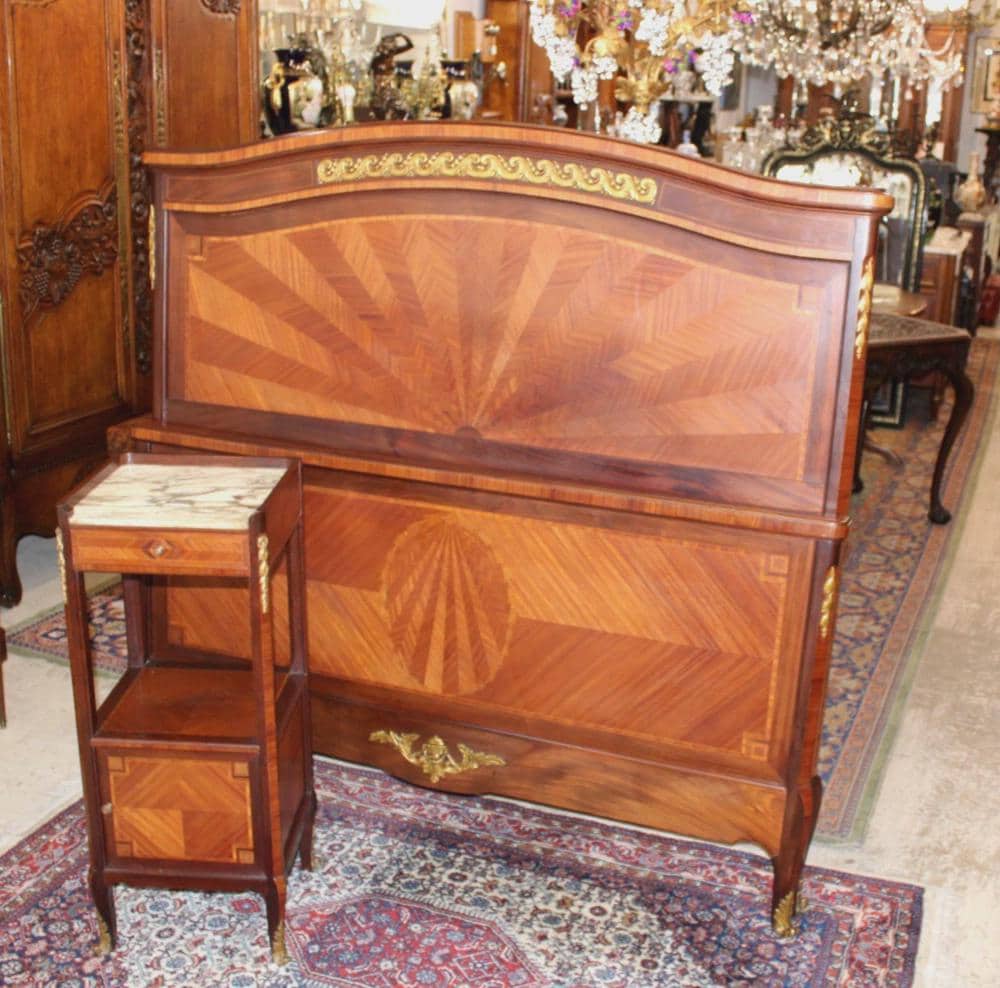 Antique French Louis XV Inlaid Bedroom Set, Signed Perol Freres, Queen Size Bed & Marble Nightstand