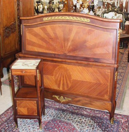 Antique French Louis XV Inlaid Bedroom Set, Signed Perol Freres, Queen Size Bed & Marble Nightstand