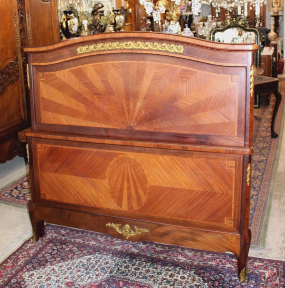 Antique French Louis XV Inlaid Bedroom Set, Signed Perol Freres, Queen Size Bed & Marble Nightstand