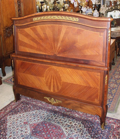 Antique French Louis XV Inlaid Bedroom Set, Signed Perol Freres, Queen Size Bed & Marble Nightstand