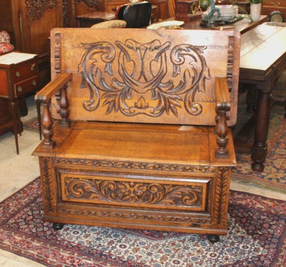 Antique English Jacobean Tiger Oak Bench, Carved Storage Seat, Hall Bench Table, 19th Century