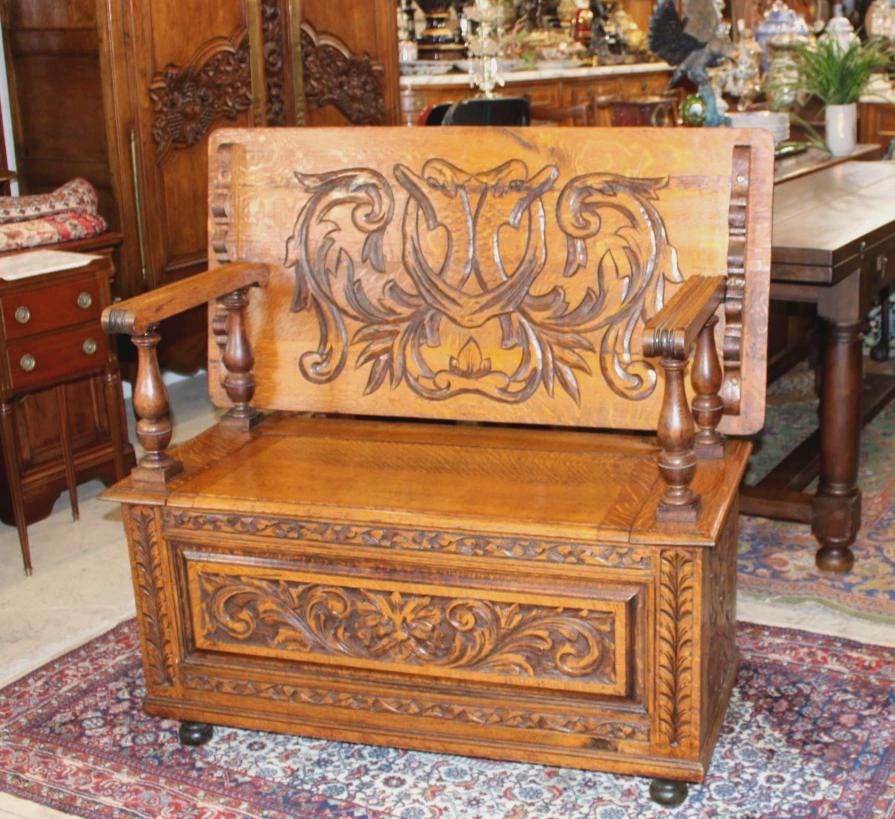 Antique English Jacobean Tiger Oak Bench, Carved Storage Seat, Hall Bench Table, 19th Century