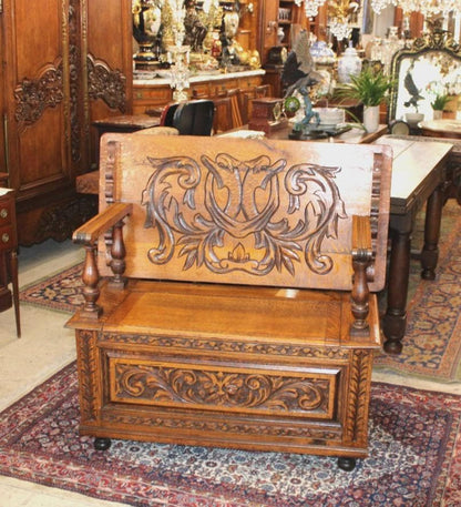 Antique English Jacobean Tiger Oak Bench, Carved Storage Seat, Hall Bench Table, 19th Century