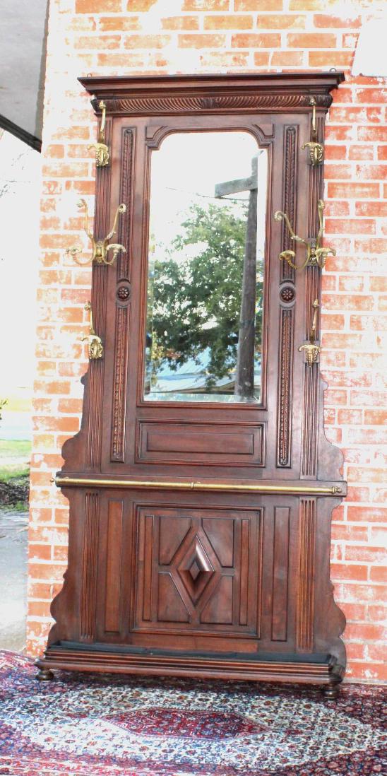 Antique French Renaissance Walnut Hall Tree, Carved Coat Rack with Mirror, Entryway Hall Stand