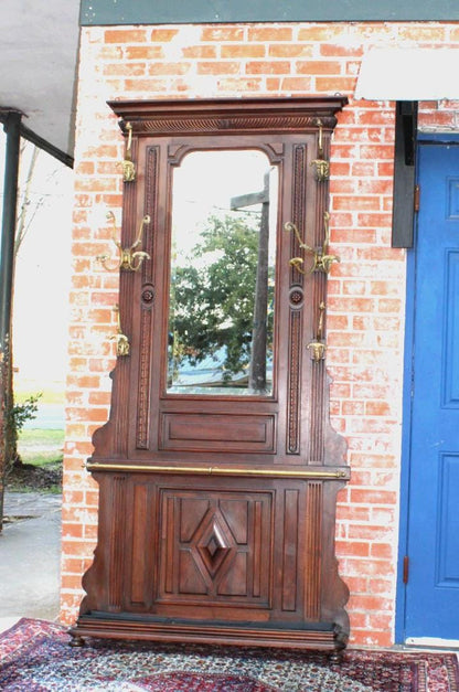 Antique French Renaissance Walnut Hall Tree, Carved Coat Rack with Mirror, Entryway Hall Stand