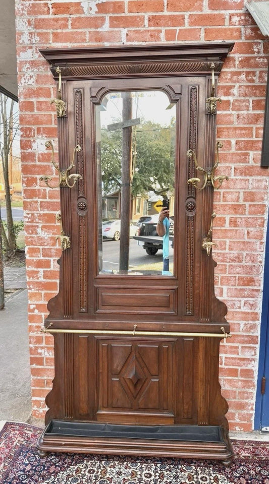 Antique French Renaissance Walnut Hall Tree, Carved Coat Rack with Mirror, Entryway Hall Stand