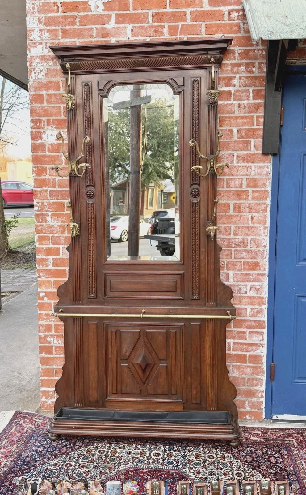 Antique French Renaissance Walnut Hall Tree, Carved Coat Rack with Mirror, Entryway Hall Stand