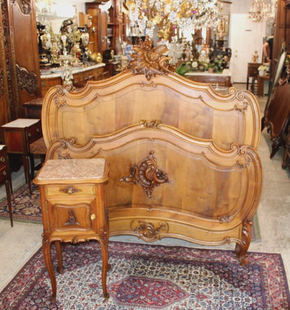 Antique French Louis XV Solid Walnut Bed & Nightstand, Hand Carved Full Size Bedroom Set