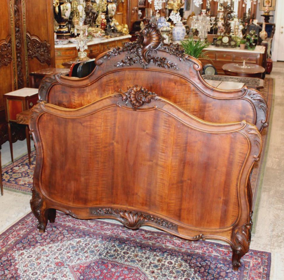 Antique French Louis XV Dark Walnut Bed & Nightstand, Hand Carved Full Size Bedroom Set