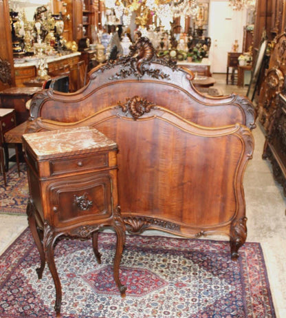 Antique French Louis XV Dark Walnut Bed & Nightstand, Hand Carved Full Size Bedroom Set