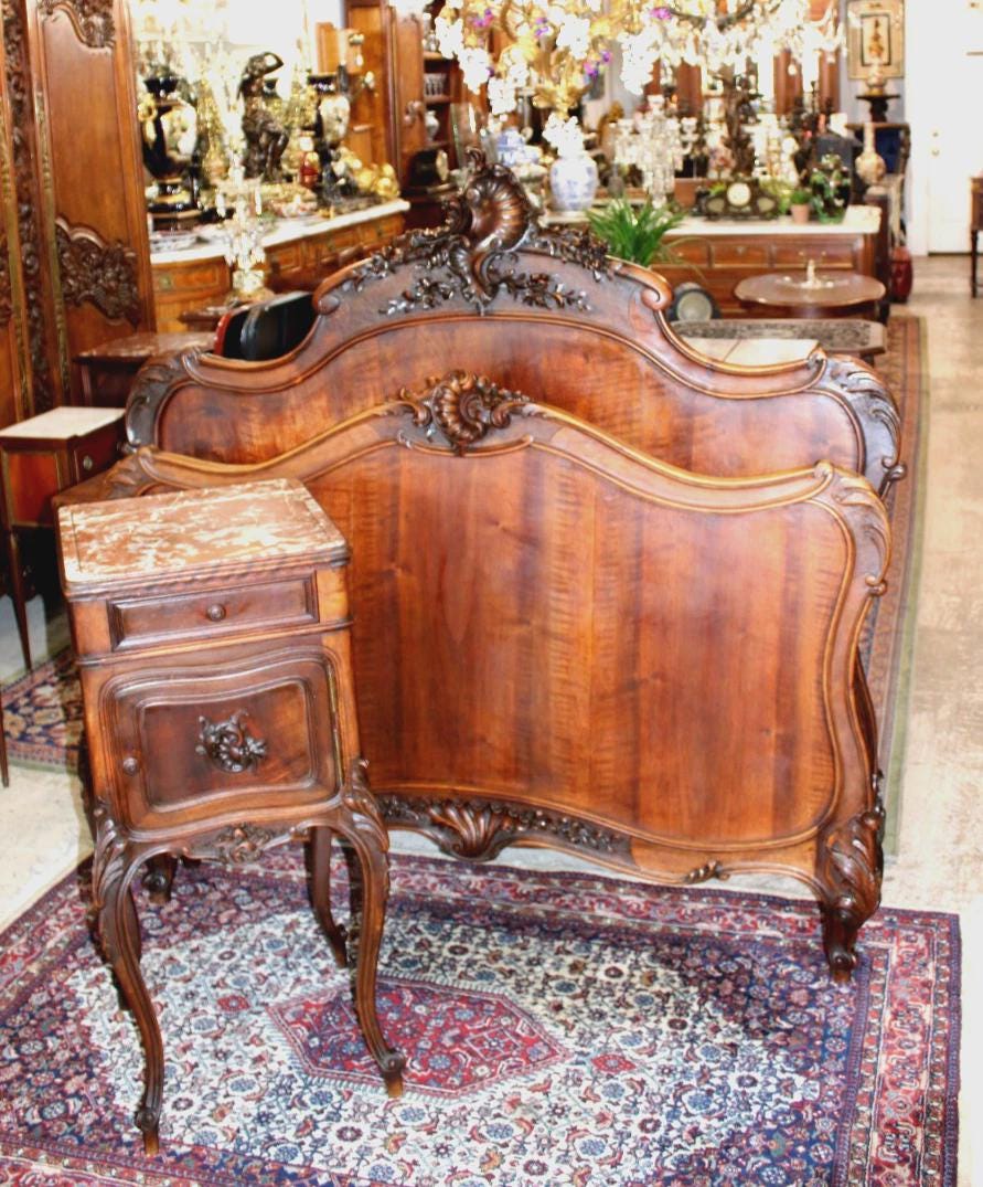 Antique French Louis XV Dark Walnut Bed & Nightstand, Hand Carved Full Size Bedroom Set
