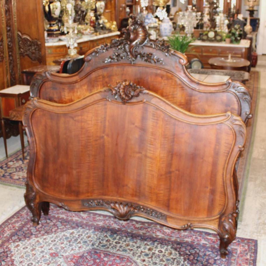 Antique French Louis XV Dark Walnut Bed, Hand Carved Full Size Bed Frame, Provincial Bedroom Furniture