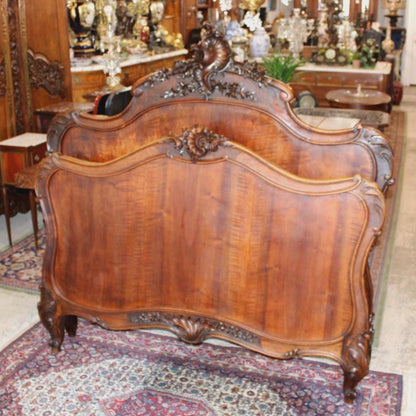 Antique French Louis XV Dark Walnut Bed, Hand Carved Full Size Bed Frame, Provincial Bedroom Furniture