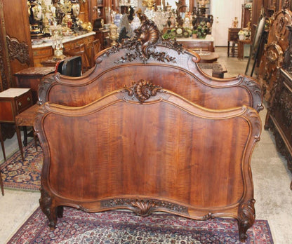 Antique French Louis XV Dark Walnut Bed, Hand Carved Full Size Bed Frame, Provincial Bedroom Furniture