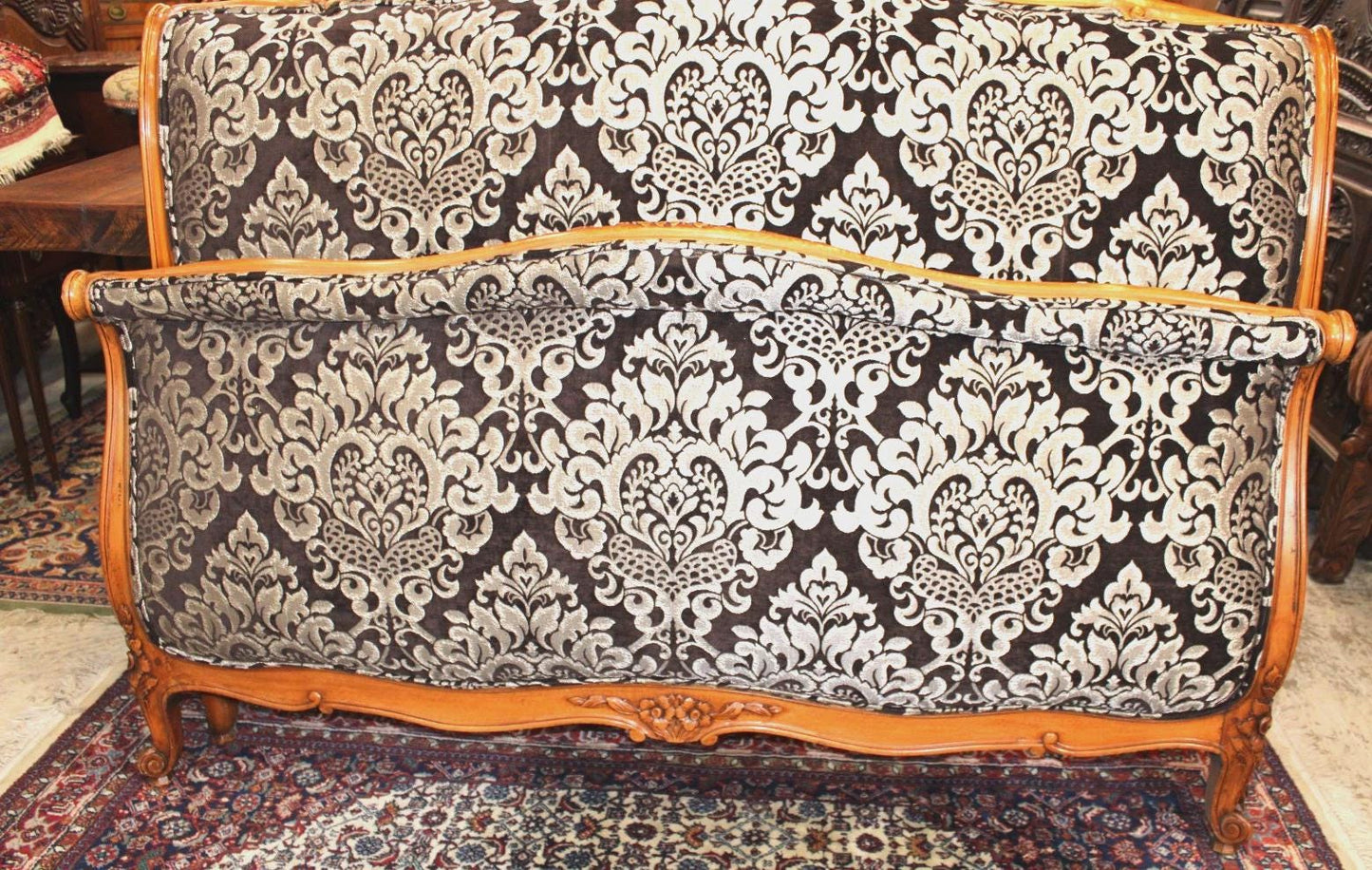 Antique French Louis XV Walnut Upholstered Bed, Full Size, Silver & Black Damask, Newly Upholstered