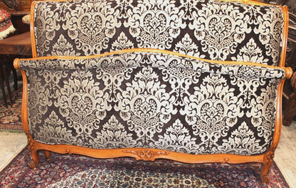 Antique French Louis XV Walnut Upholstered Bed, Full Size, Silver & Black Damask, Newly Upholstered